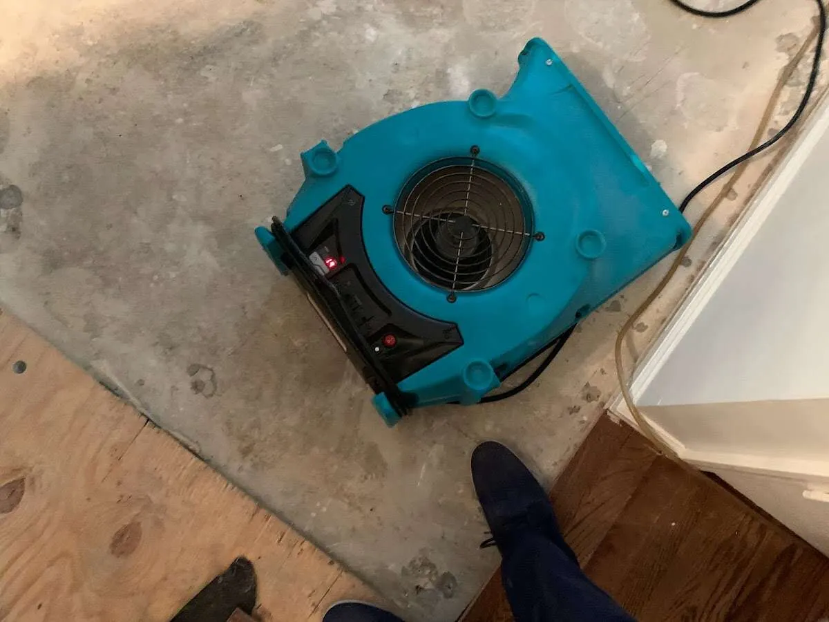 Air mover drying subfloor during Commercial Water Damage Restoration in Holtville